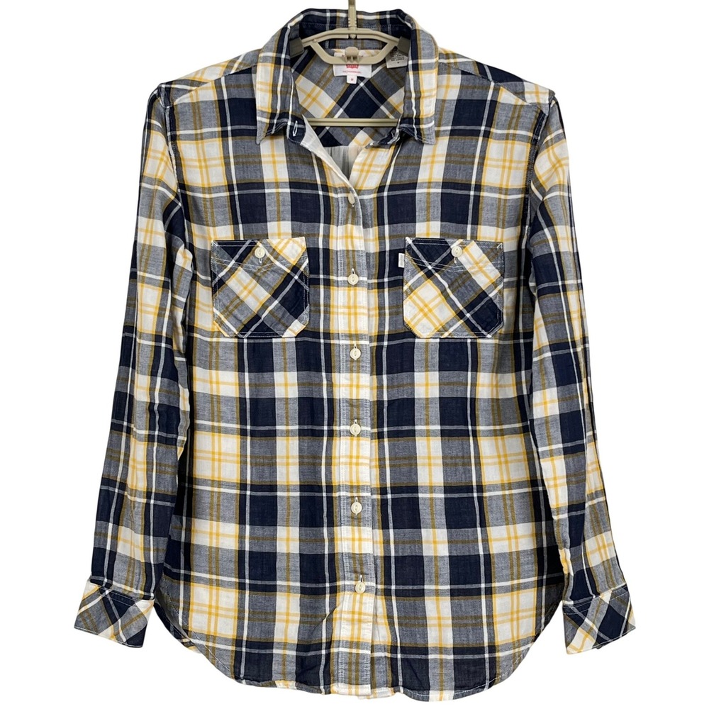 Levis Womens Button Down Shirt M Blue Yellow Plaid Boyfriend Fit Cotton Timeless
